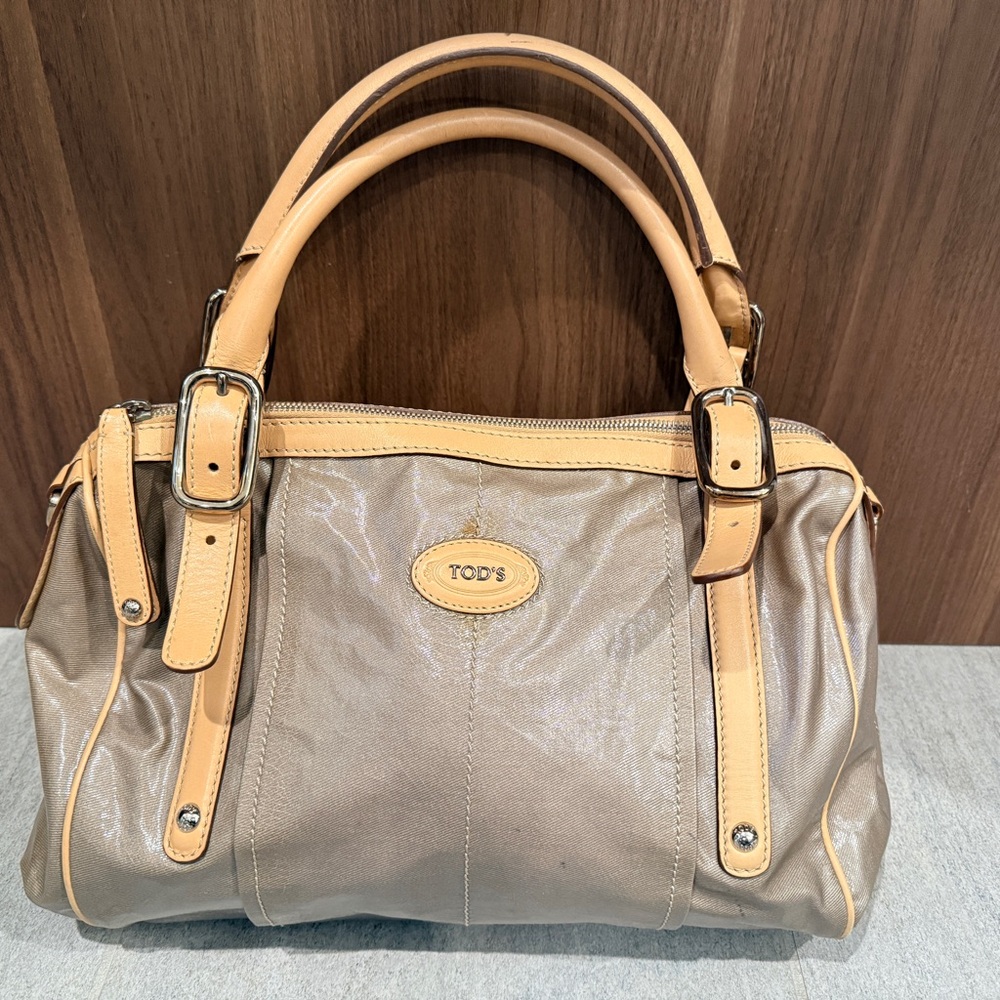 TOD'S Taupe Handbag with Tan Leather Trim